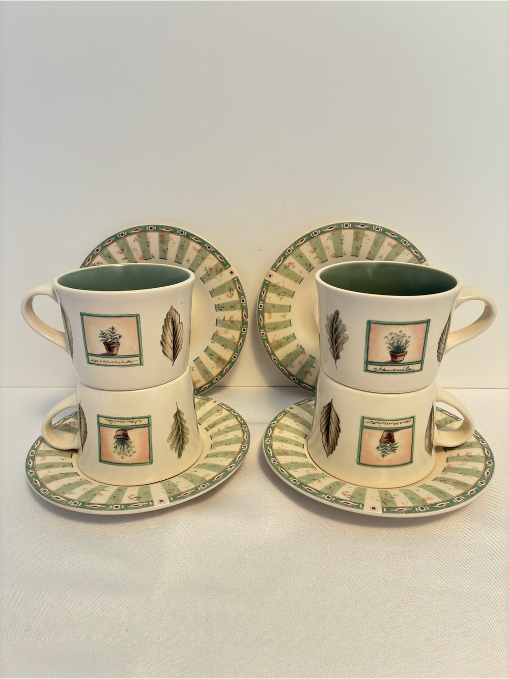 Pfaltzgraff Naturewood Herb Motif Coffee Cup and Saucer Set of 4